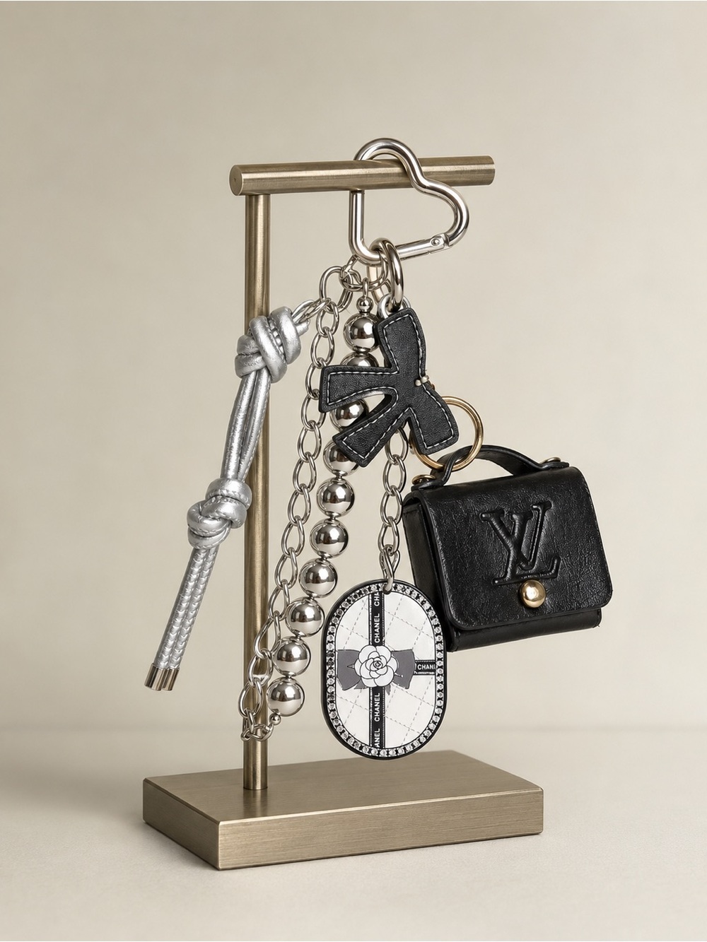 Fashion Black & Silver Leather Mini Bag Charm Key Holder w/ iconic logos